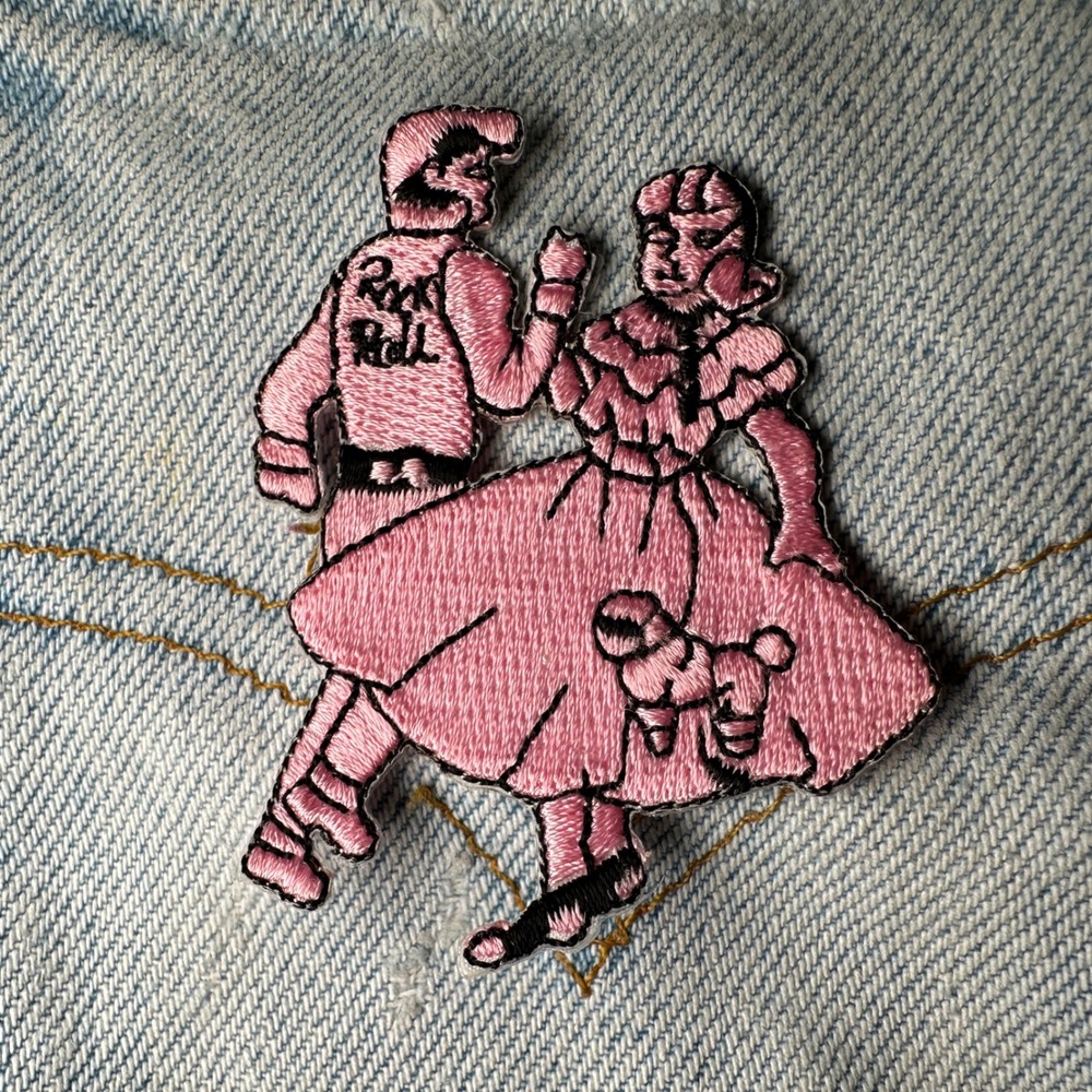 Rock and Roll Couple Patch Embroidered Iron On Patch Pink Poodle Skirt 50s Dance